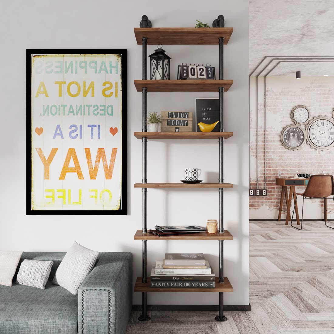 Industrial Pipe Bookshelves Rustic Wall Ladder Bookshelf Display Storage Stand Shelf Bookcase for Living Room, Kitchen, Office (6 Tier) TIEOU