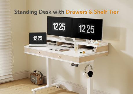 Claiks Standing Desk with Drawers, Electric Adjustable Standing Desk Adjustable Height, Sit Stand Up Desk with Storage Shelves & Wheels, 48 Inch White Claiks