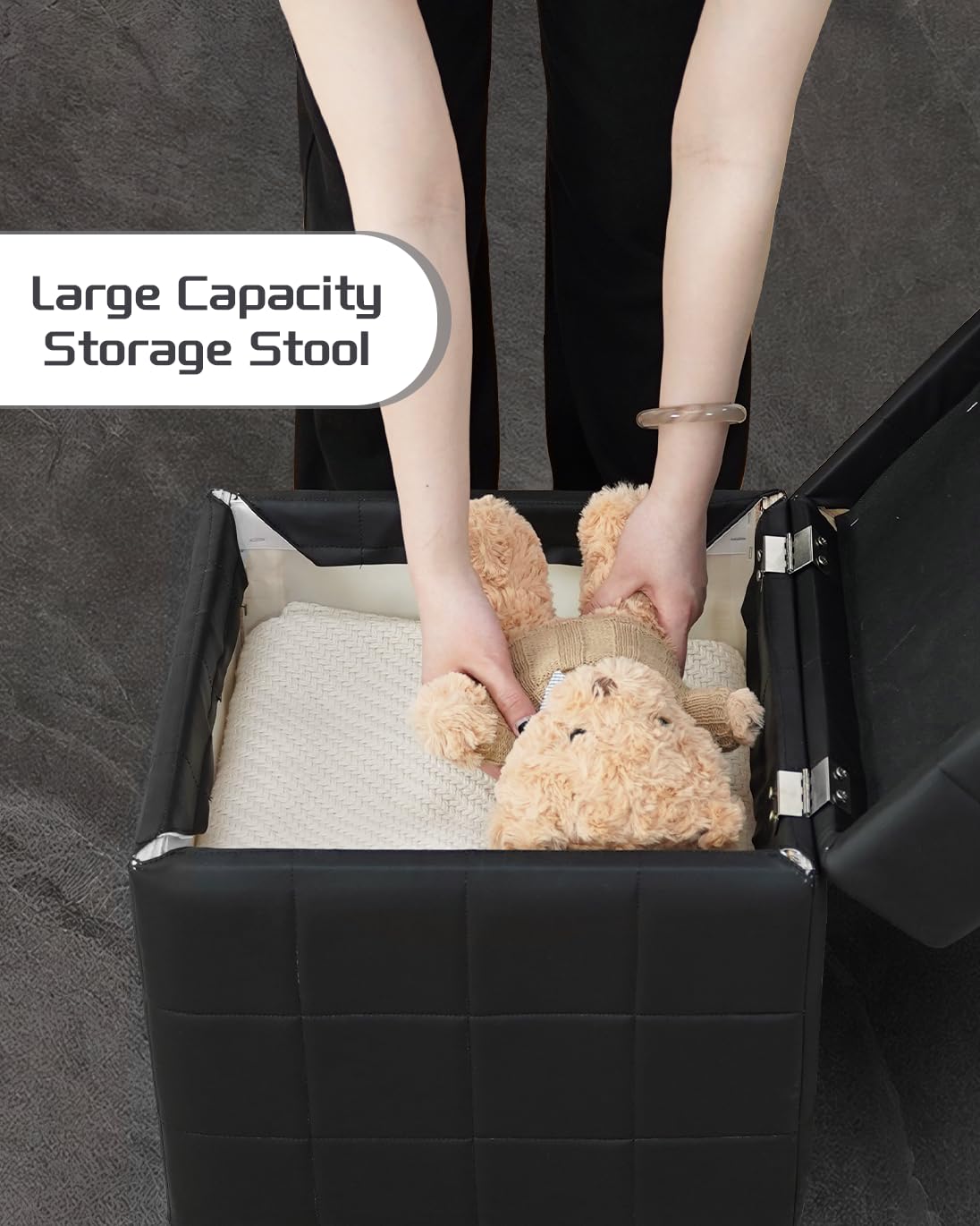 aoohxzr 17" Square Storage Ottoman Bench,Wooden Frame Loads,Flip-top Design,12.2 Gallons,Entryway Bedroom Living Room Foot Stool,Synthetic Leather with Stitching,Light Luxury Modern Style,Ferrous aoohxzr