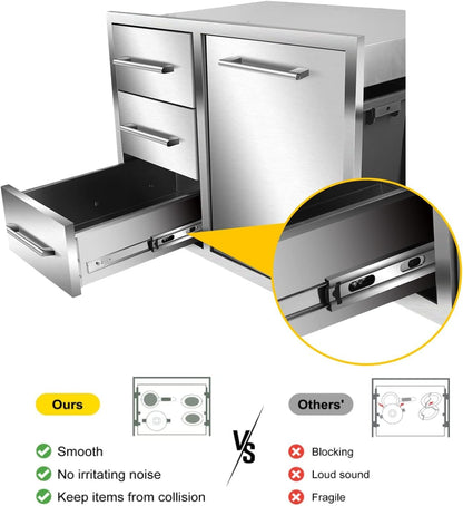 Outafurnia Outdoor Kitchen Drawer Combo 28" W x 19.6“D x 20.1" H,Access Trash Drawer Combo with Stainless Steel Handles Outdoor Kitchen Triple Drawer for BBQ Island,Grilling Station