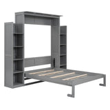 Merax Full Size Murphy Bed, Wooden Full Wall Bed with Shelves and LED Lights, Gray Merax