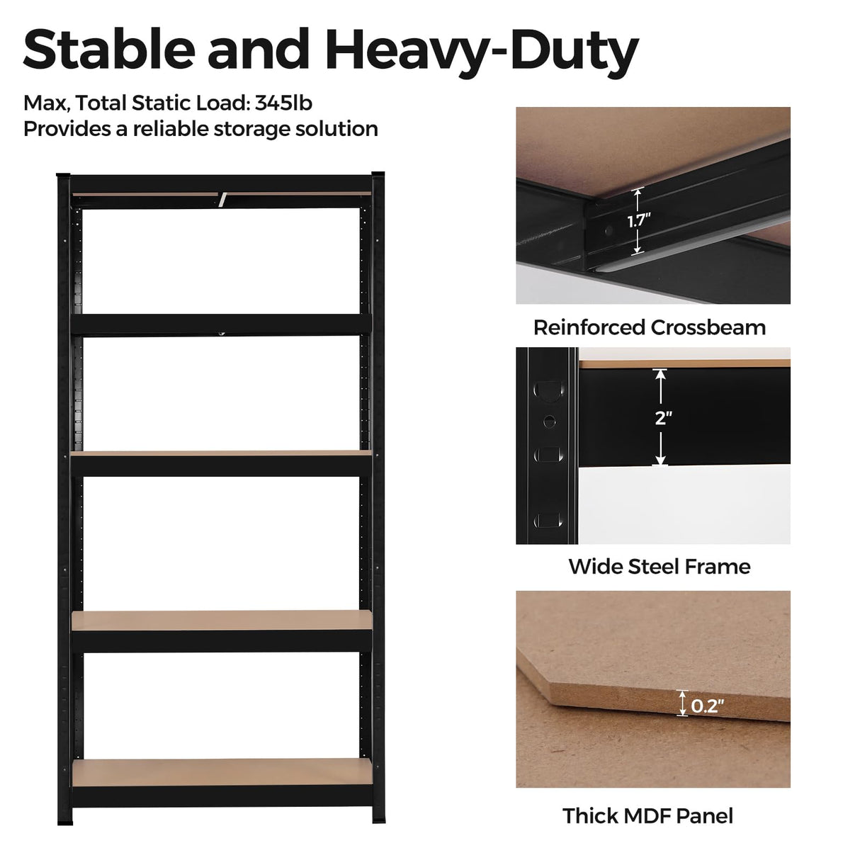 Panana 5 Tier Racking Shelf 59x27.5x11.8 inch Garage Shelving Storage Shelves Unit 1.5M Higher Workshop/Commercial/Industrial/Kitchen Utility Rack Shelf Organizer (Black, 150X70X30CM) Panana