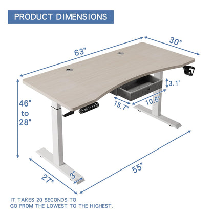 bilbil 63x30 Inches Dual Motor Electric Standing Desk with Drawer, Height Adjustable Sit Stand Up Desk with 4 Splice Boards, Home Office Desk Computer Workstation with Pale Pearwood Top/White - WoodArtSupply