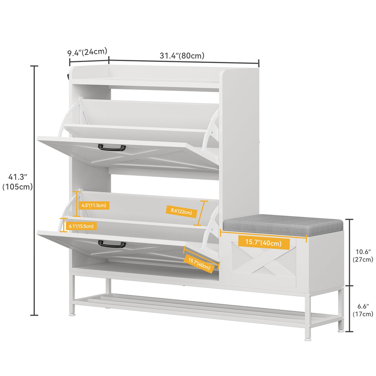 DWVO Farmhouse Shoe Cabinet Bench with 2 Flip Drawers for 16 Pairs, Chic Entryway Bench and Rustic Design for Living Rooms and Hallways (White) DWVO