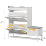 DWVO Farmhouse Shoe Cabinet Bench with 2 Flip Drawers for 16 Pairs, Chic Entryway Bench and Rustic Design for Living Rooms and Hallways (White) DWVO