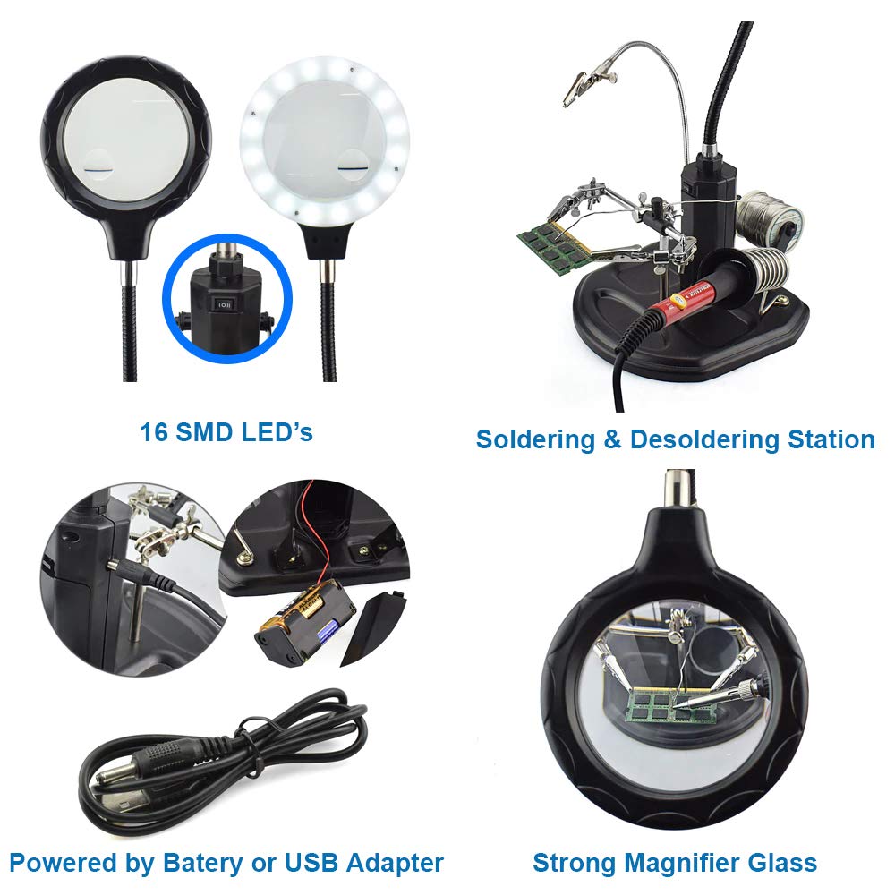 MMOBIEL LED Light Helping Hand Magnifier Station for Soldering, Assembly, Repair,Modeling, Hobbies and Crafts - 2.5X /4X LED Light - Hands-Free Magnifying Glass Stand - Incl. Clamp and Alligator Clips MMOBIEL