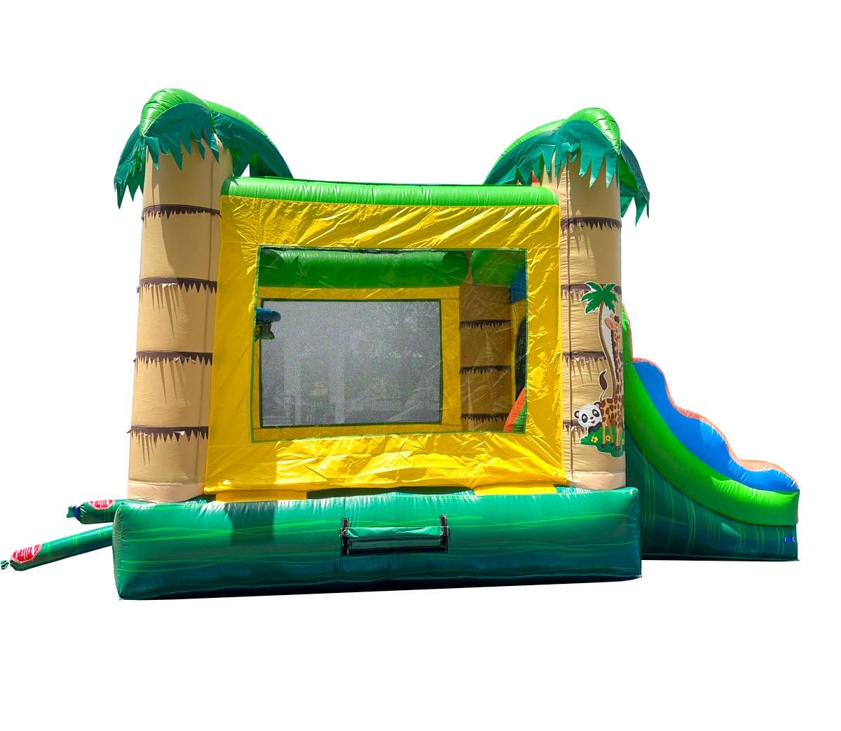 Inflatable Bounce House with Slide for Kids (Without Blower) - 18 x 12 x 14.5 Foot Tropical Smiley Face Backyard Inflatable Bouncy House - Built-in Bladder Water Misting System Pogo Bounce House