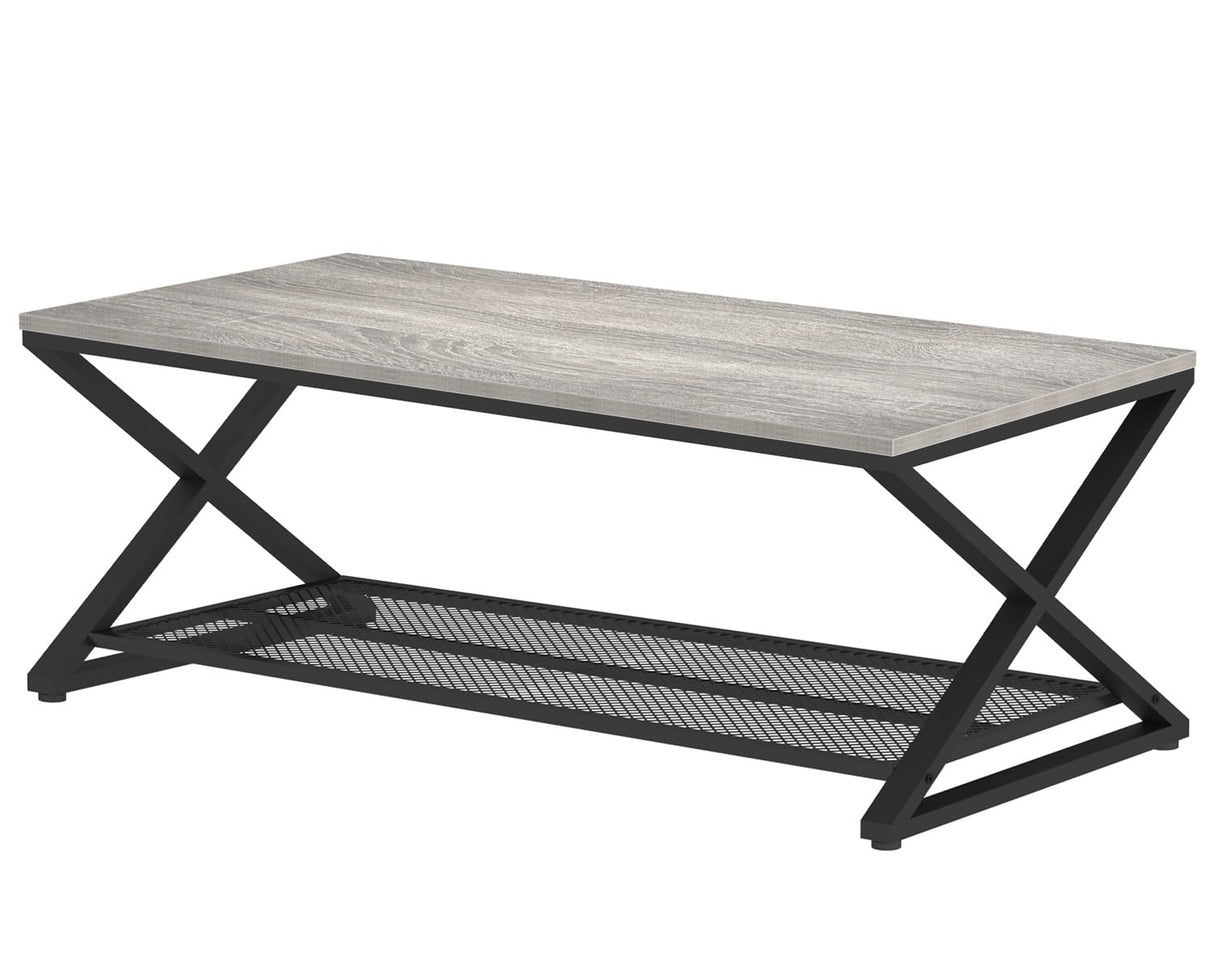 LVB Gray Coffee Table, Farmhouse Wood Metal Center Table with Storage for Living Room, Industrial Wooden 2 Tier Rectangle Cocktail Tea Table with Mesh Shelf for Office Bedroom, 47 inch, Light Grey Oak LVB