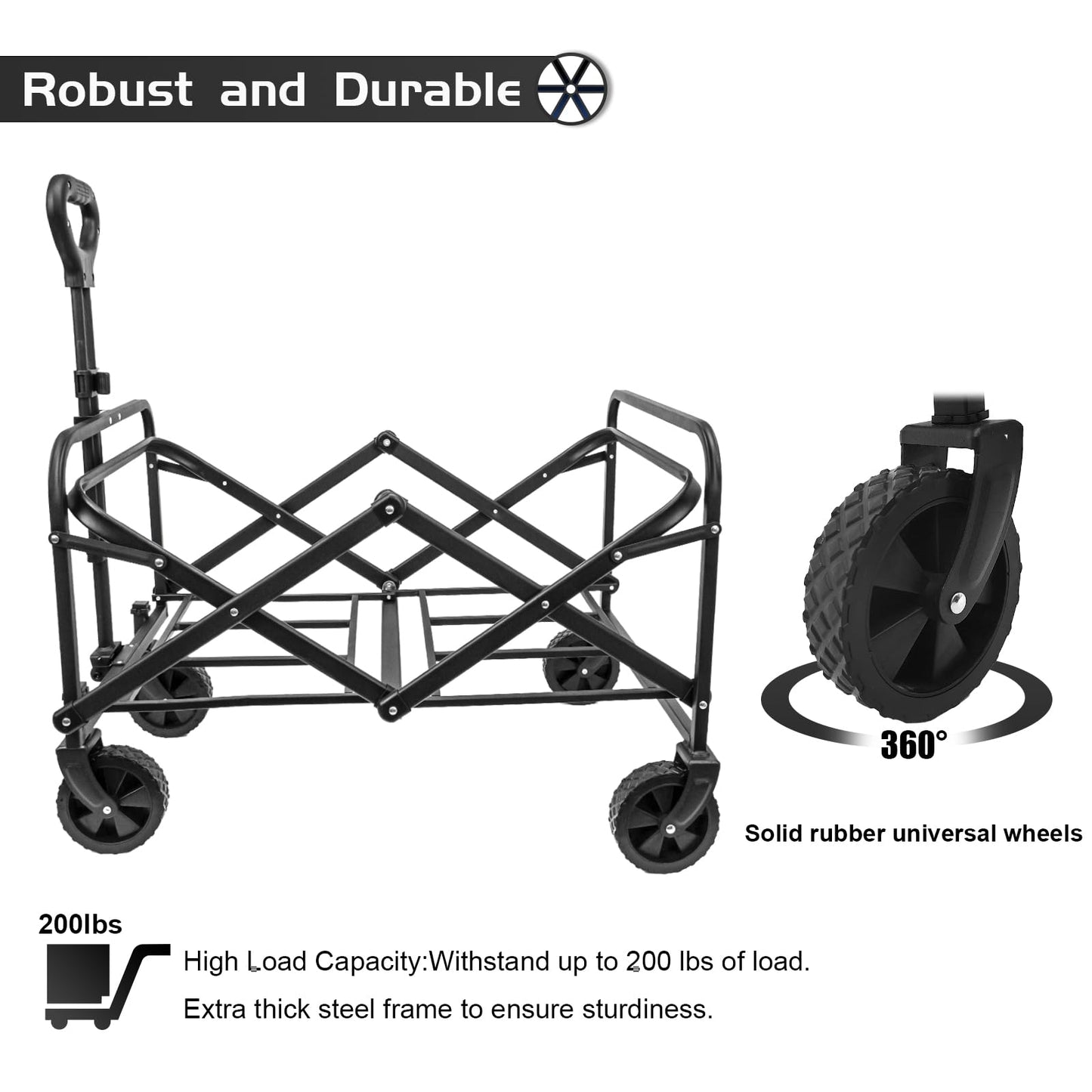 TWOCORN Collapsible Foldable Wagon,Beach Wagon Cart Heavy Duty with Wheels Foldable,Utility Folding Grocery Wagon for Camping Sports Outdoor Activities(Black) - WoodArtSupply