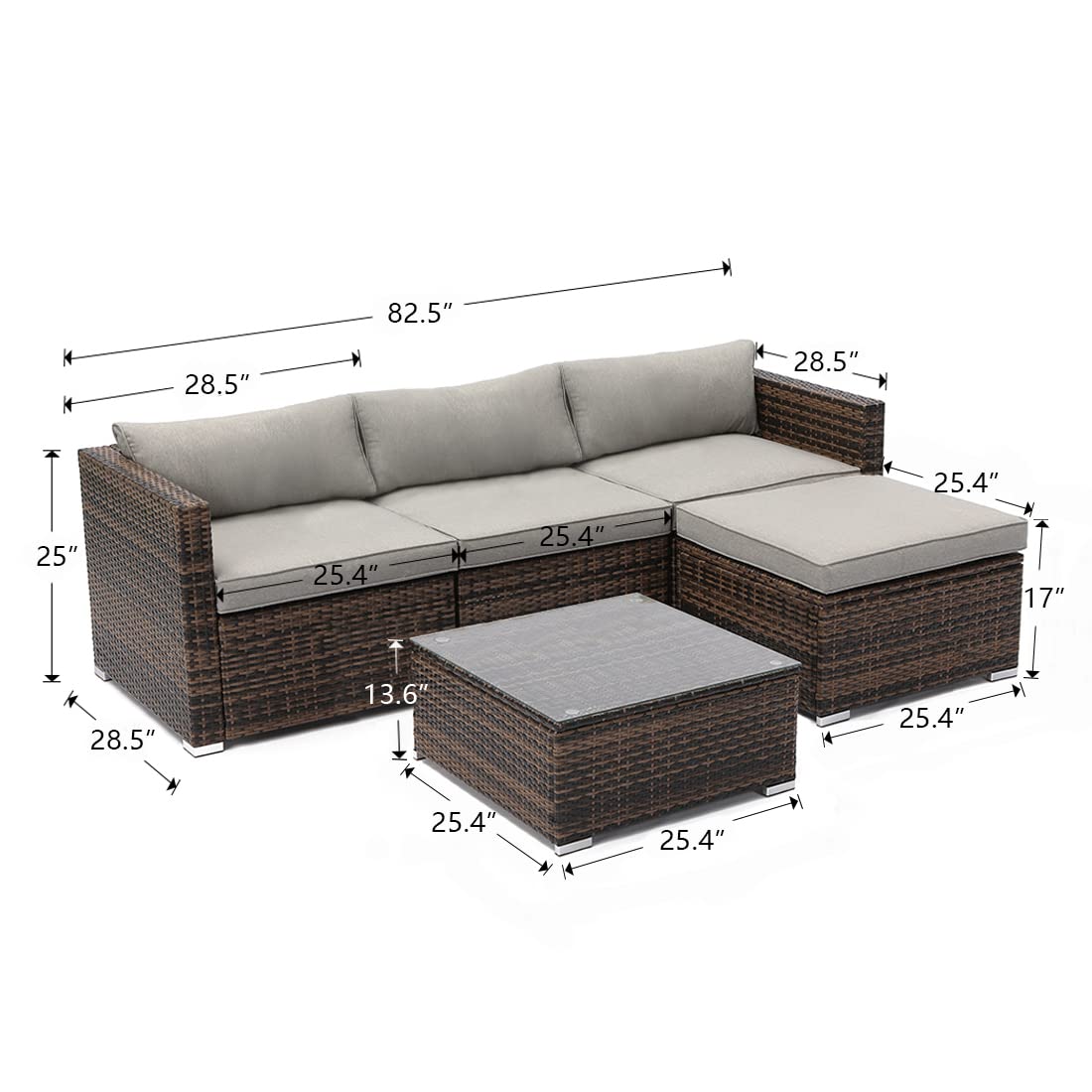 COSIEST 5-Piece Outdoor Furniture All-Weather Mottlewood Brown Wicker Sectional Sofa w Warm Gray Thick Cushions, Glass-Top Coffee Table, Patio COSIEST