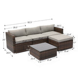 COSIEST 5-Piece Outdoor Furniture All-Weather Mottlewood Brown Wicker Sectional Sofa w Warm Gray Thick Cushions, Glass-Top Coffee Table, Patio COSIEST