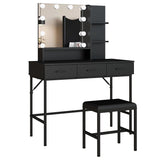 Vanity Table with Lighted Mirror, 3 Drawers Makeup Desk Dressing Table with Lots Storage Vanity Set with Wider Cushioned Stool for Bedroom (Black) Panana