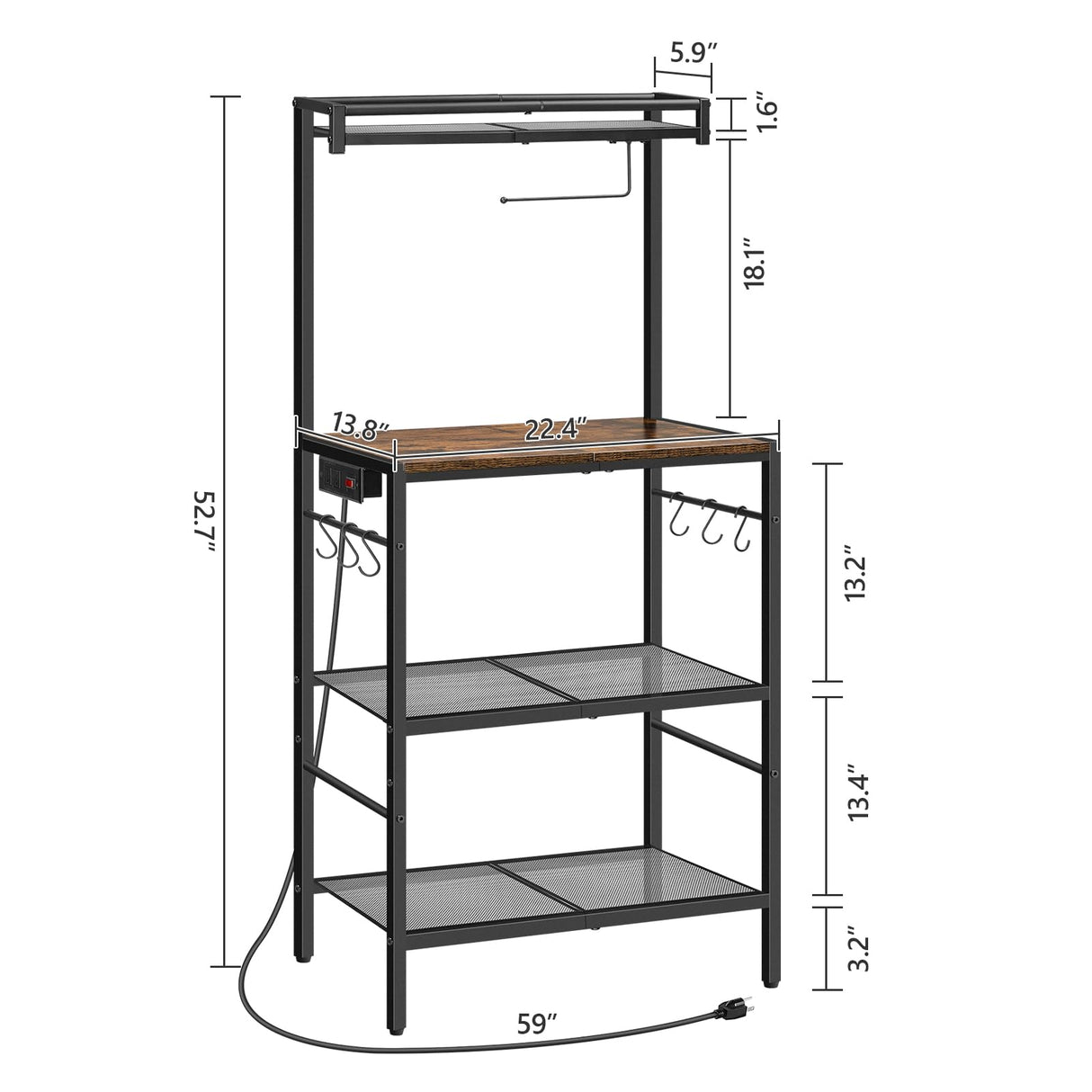 MAHANCRIS Bakers Rack with Power Outlet, Kitchen Storage Shelf with Paper Holder, Microwave Stand, Coffee Bar with 6 Hooks, Socket with Switch, for Kitchen, Dining Room, Rustic Brown BRHR36E01 MAHANCRIS
