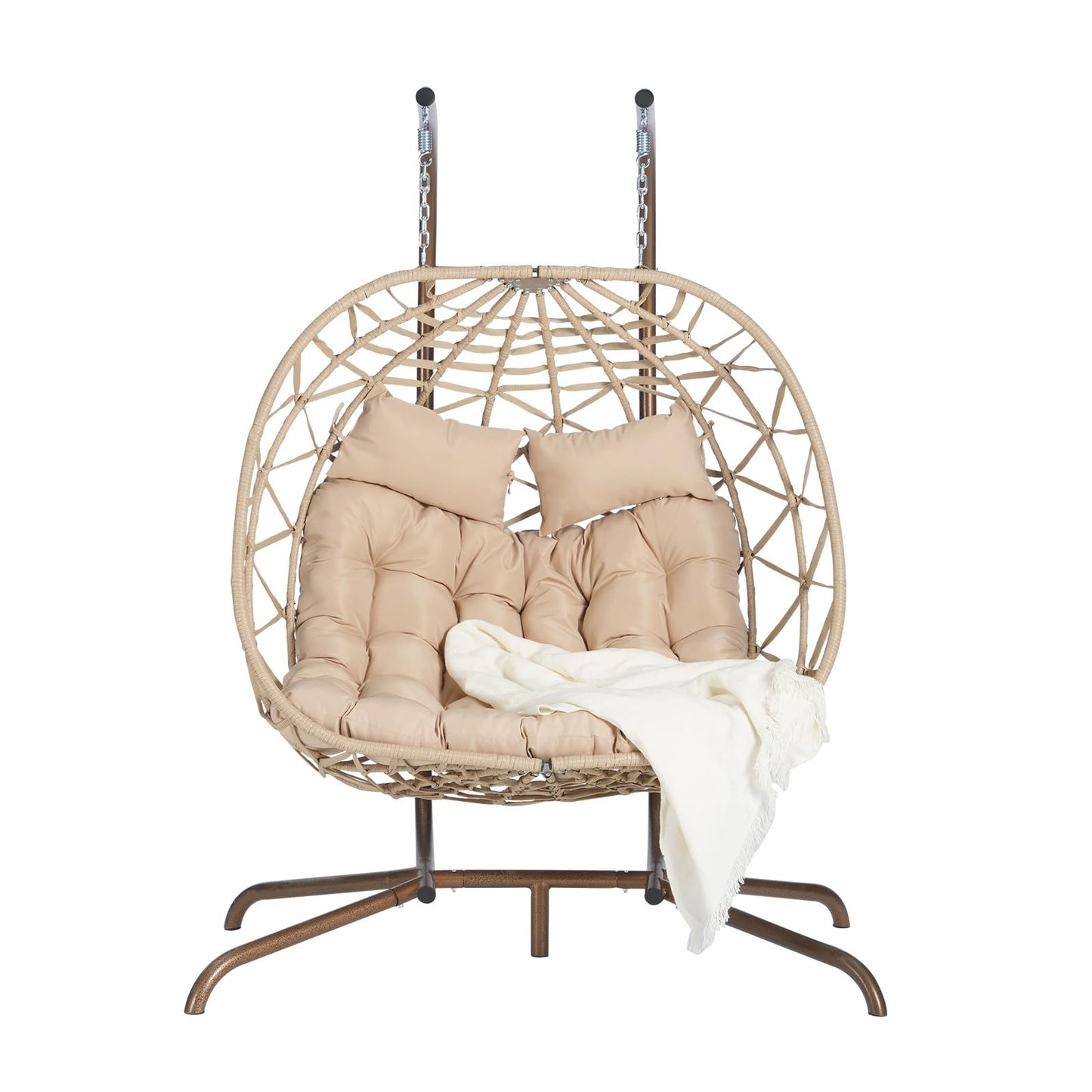 Brafab Double Rattan Swing Egg Chair with Stand, Oversized 2 Person Wicker Hanging Egg Chair for Indoor/Outdoor, Basket Hammock Chair with UV Resistant Cushion, 600 lbs Capacity, Khaki