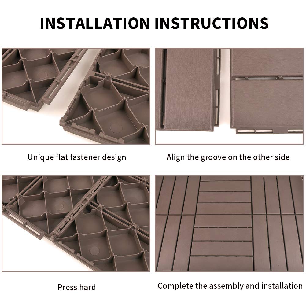 domi outdoor living Patio Deck Tiles, 12 x 12 inches Composite Interlocking Decking Tile, Four Slat Plastic Outdoor Flooring, 27 Pieces One Pack, Dark Brown domi outdoor living
