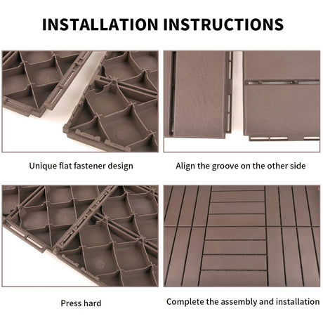 domi outdoor living Patio Deck Tiles, 12 x 12 inches Composite Interlocking Decking Tile, Four Slat Plastic Outdoor Flooring, 27 Pieces One Pack, Dark Brown domi outdoor living