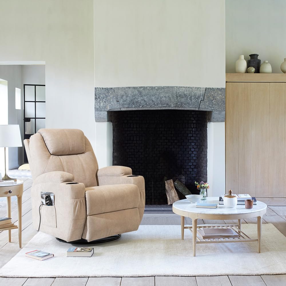 Flamaker Rocking Chair Recliner Chair with Massage Swivel Ergonomic Lounge Chair Classic Single Sofa with 2 Cup Holders Side Pockets Living Room Chair Home Theater Seat (Beige) Flamaker