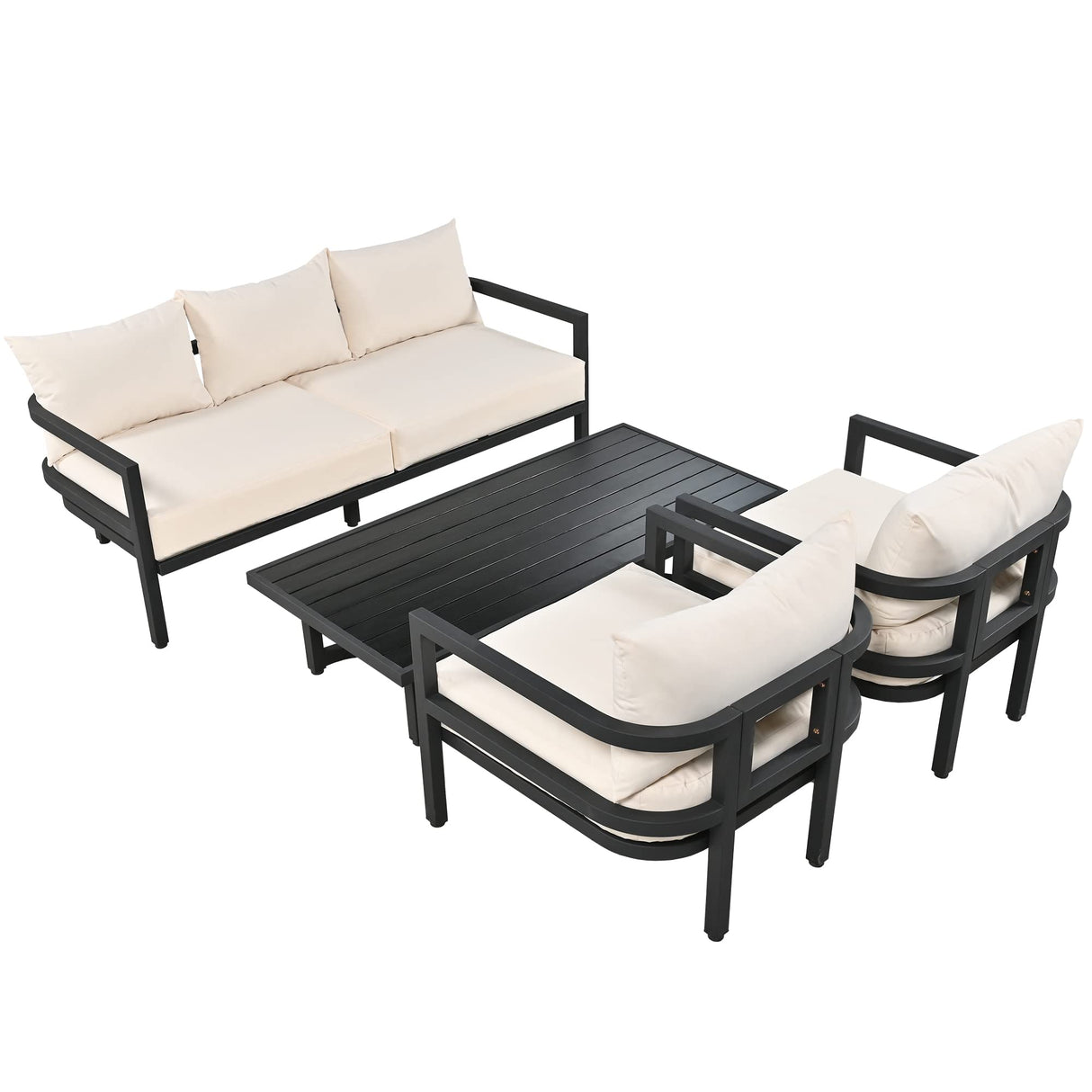JIVOIT 4 Piece Multi-Person Outdoor Steel Sofa Set, Patio Furniture Sets Sectional Seating Group with Coffee Table, Waterproof, Anti-Rust and Anti-uv Sectional Set (Beige Cushion+Black Frame 9) JIVOIT