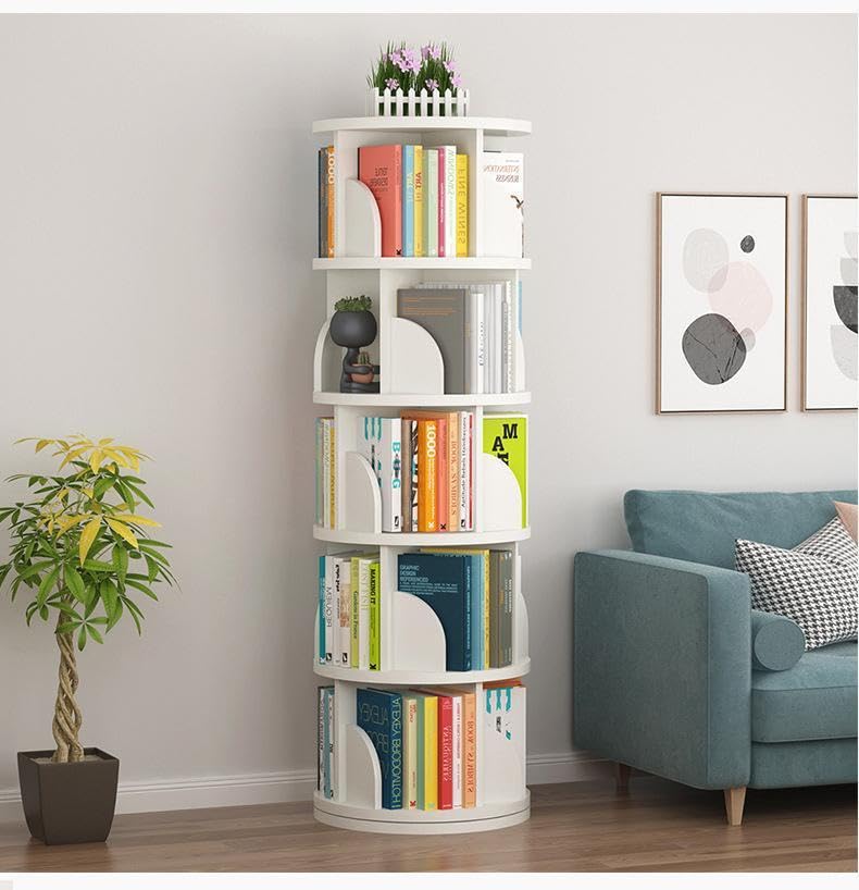 Nisorpa 5-Tier 360° Rotating Bookshelf – Space-Saving Tower Bookcase for Small Spaces - WoodArtSupply