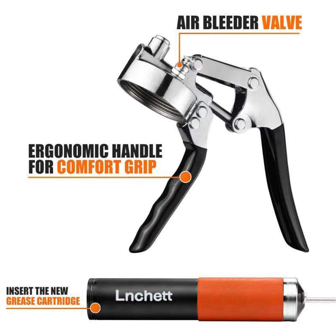 Lnchett Grease Gun with Quick Release Coupler and Towel, 9000 PSI Professional Heavy Duty 14 oz Grease Gun with 18 Inch Spring Flex Hose, 1 Reinforced Coupler, 2 Extension Rigid Pipe and1 Sharp Nozzle Lnchett