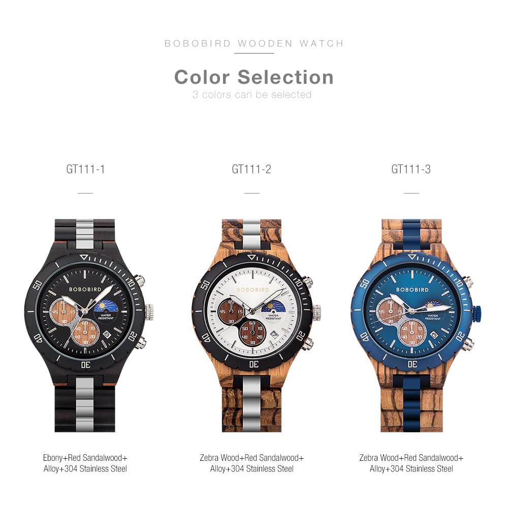 BOBO BIRD Mens Quartz Wooden Watches Stainless Steel Red Sandalwood Alloy Wood Watch for Male Classic Function Wristwatch Chronograph Luminous Hands (Custom) BOBO BIRD