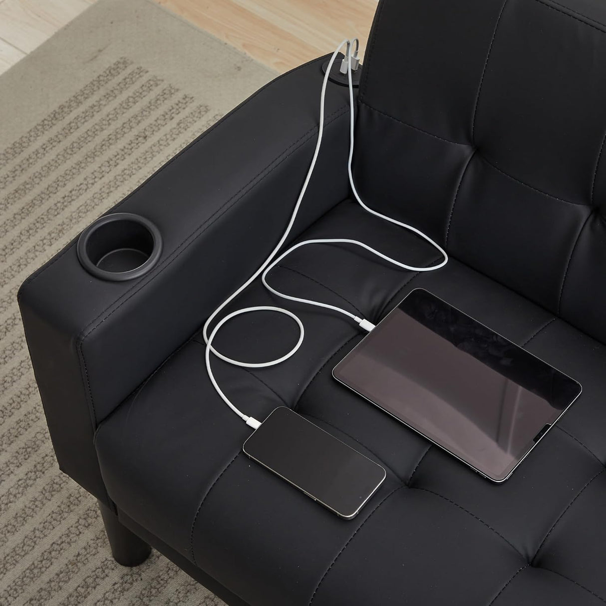 TYBOATLE Sofa Couch 62" W Loveseat w/ 2 USB Charger Ports & 2 Cupholders, Mid-Century Modern Black Faux Leather Tufted Small Love Seat Couches for Office,Compact Living Room,Bedroom,Apartment,Dorm TYBOATLE