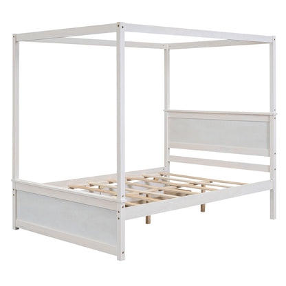 Bellemave Contemporary Wood Canopy Bed with Storage Drawers – Full Size, Brush White Finish - WoodArtSupply