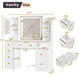 Hasuit White Vanity Desk with Mirror and LED Lights, Large Makeup Vanity Desk with 7 Drawers, Storage Shelves and RGB Glass Cabinet, Dressing Table for Bedroom with Charging Station, Lights Adjustable Hasuit