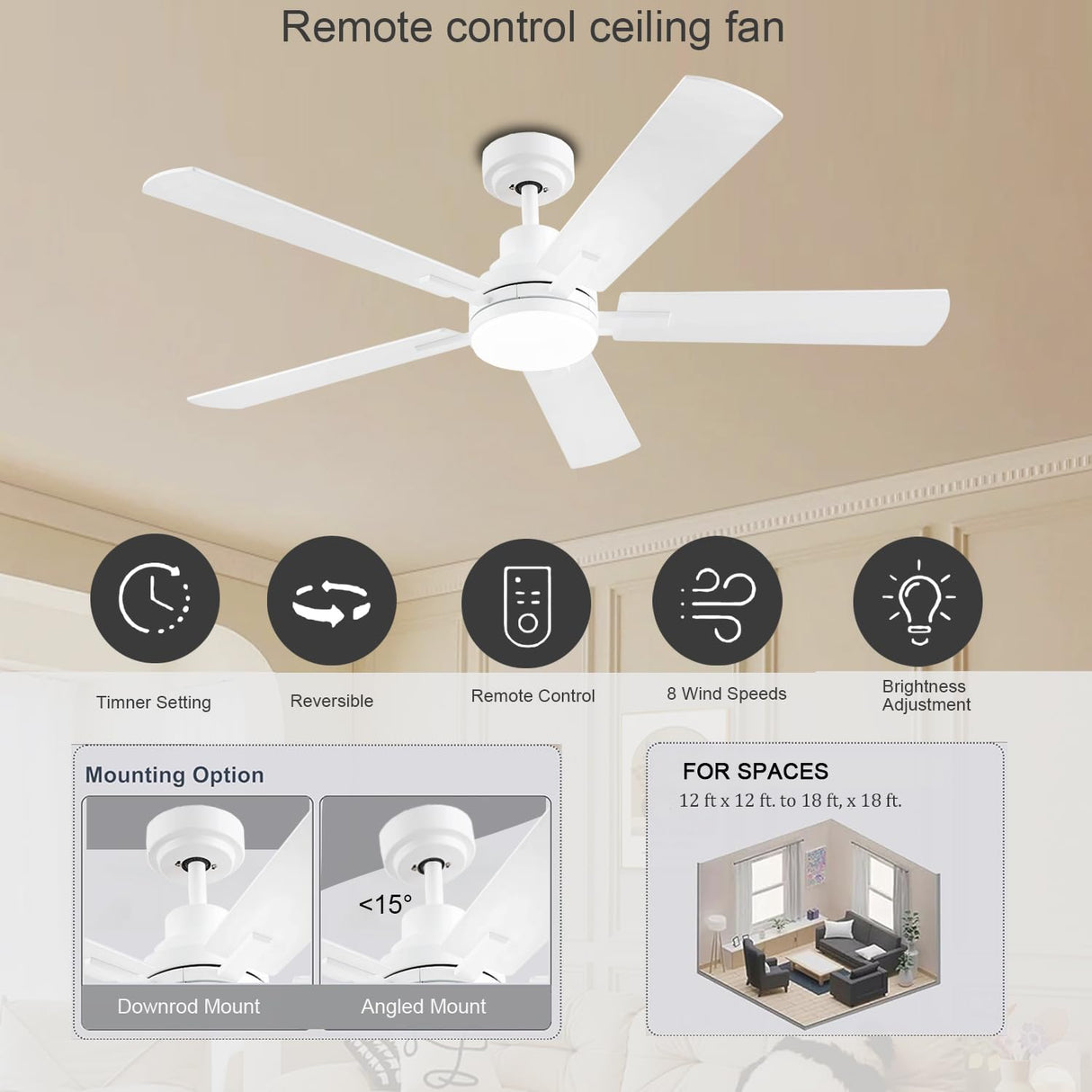 JSAITEE 52 Inch Smart Ceiling Fan with Lights, Remote & App Control, DC Reversible Motor, 8 Speeds Quiet 35dB, 3CCT Dimmable LED, Low Profile Modern Ceiling Fans for Bedroom Living Room, White JSAITEE