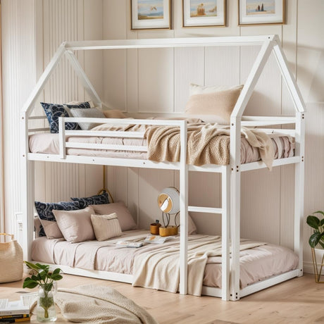 UOCFYK Full Over Full House Bunk Bed with Roof Design & Ladder, Metal Playhouse Bedframe for Kids, Boys and Girls, Easy Assembly & No Box Spring Needed (White) UOCFYK