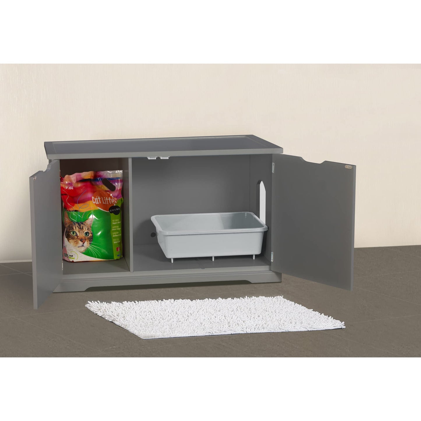 Merry Products Adjustable Pet Cat Washroom Storage Bench Furniture with Removable Partition Wall for All Size Litter Boxes, Gray