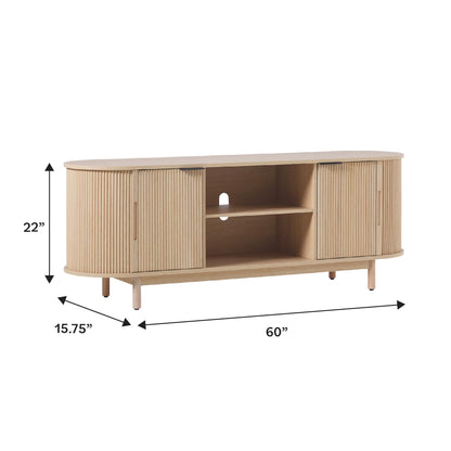 Walker Edison Modern Curved Reeded TV Stand for TVs up to 65 Inches, Credenza with Sliding Doors and Adjustable Shelves, TV Stand with Cord Management Cutout, 60 Inch, Coastal Oak