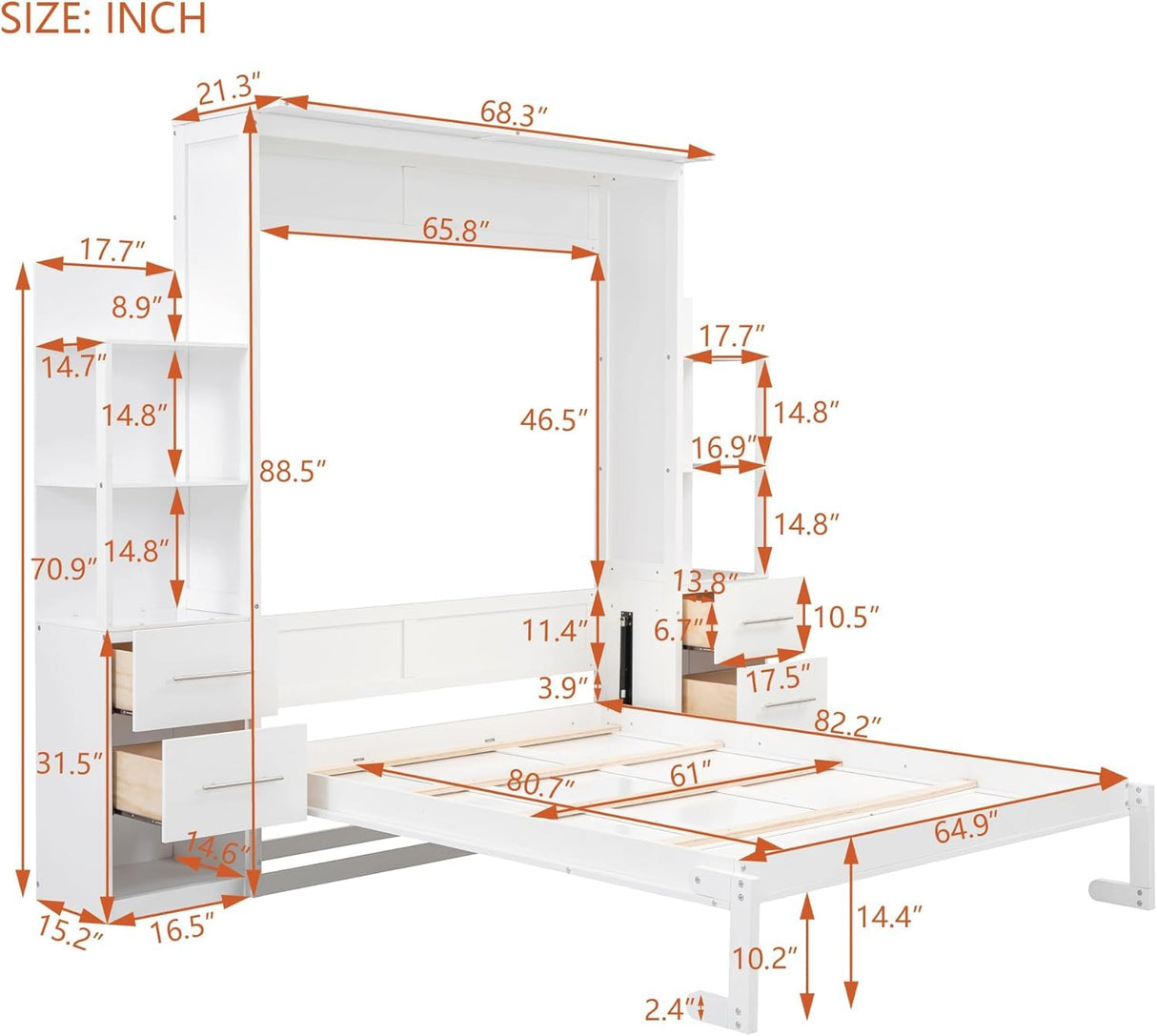 MERITLINE Queen Murphy Bed with Storage Drawers,LED Lights and Shelves,Wood Murphy Wall Bed Cabinet for Adults (White) MERITLINE