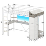 VIAGDO Loft Bed Twin Size with Hall Tree, Charging Station and LED Lights, Twin Loft Bed with L-Shaped Desk, 5 Storage Drawers, Heavy Duty Twin Size Bed with Stairs, No Box Spring Needed, White VIAGDO