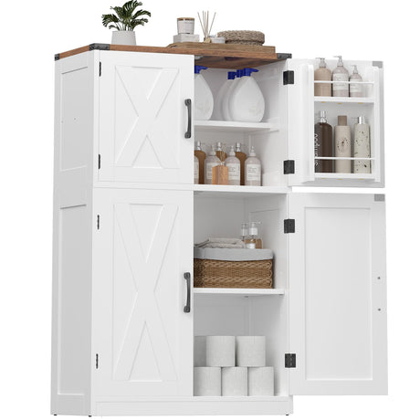 HOOBRO Bathroom Storage Cabinet, Farmhouse Freestanding Floor Cabinet with 2 Extra Hidden Storage Doors, Adjustable Shelves, Large Capacity, Easy Assembly, 11.8 x 23.6 x 43.5 Inches, White and Walnut HOOBRO