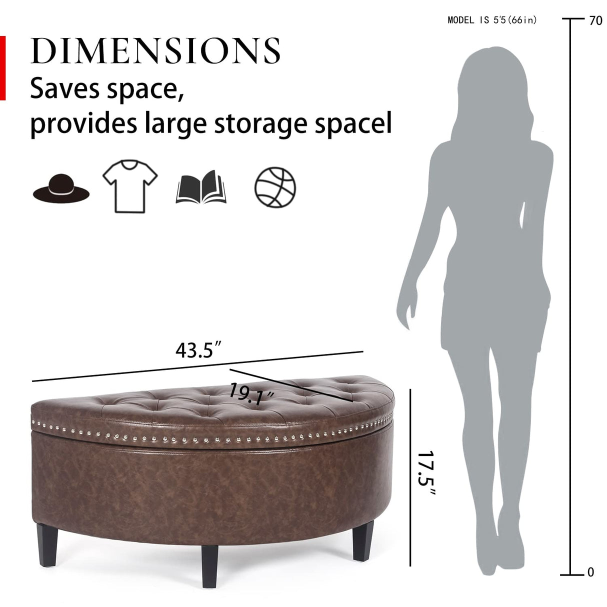 Homebeez 43" Half Moon Storage Ottoman Bench, Lift Top Faux Leather Storage Ottoman Bench for Bedroom Living Room (Light Brown) Homebeez