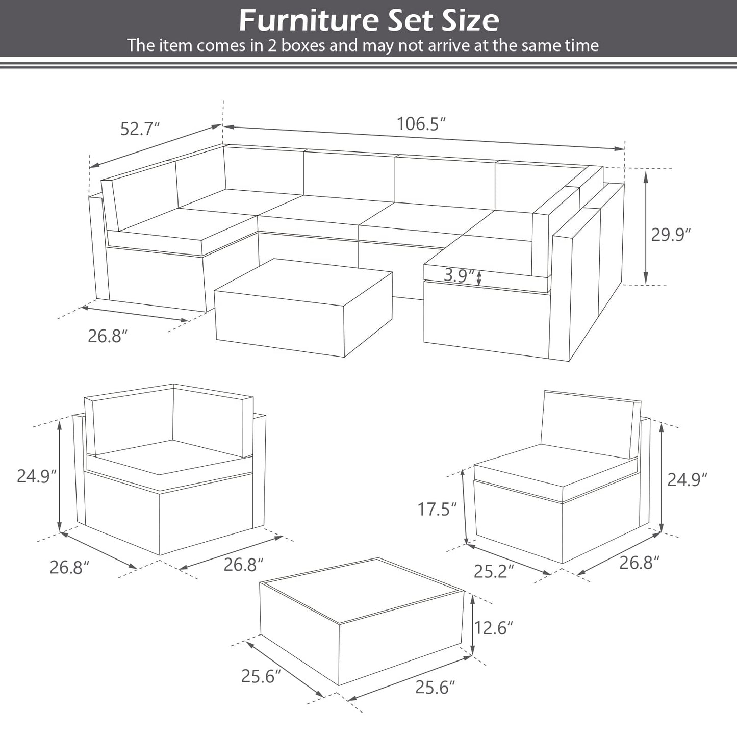 U-MAX 7 Piece Outdoor Patio Furniture Set, PE Rattan Outdoor Grey Wicker Furniture, Outdoor Sectional Furniture Chair Set with Cushions and Tea Table, Grey Rattan and Navy Cushion