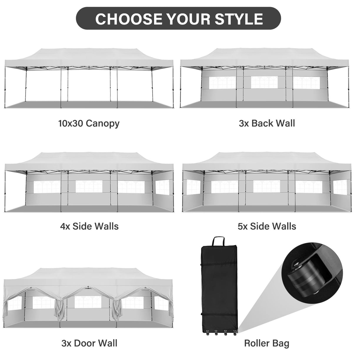 COBIZI 10x30 Pop up Canopy Tent Heavy Duty with 8 Sidewalls, Easy Set-up Commercial Outdoor Party Tent, 100% Waterproof Wedding Tent Gazebo, 3 Height Adjustable with Wheeled Bag, White COBIZI