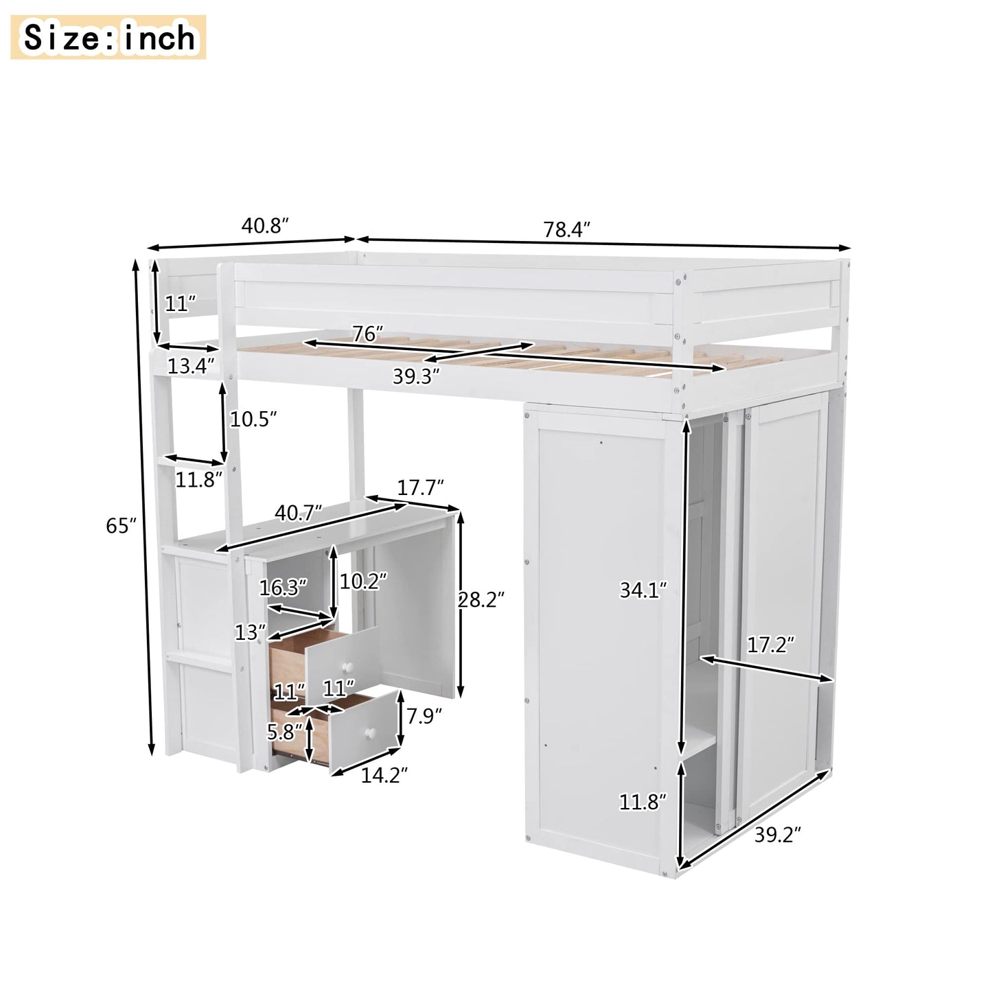 Stylish Twin Size Loft Bed with Desk & Wardrobe by Harper & Bright Designs in White - WoodArtSupply