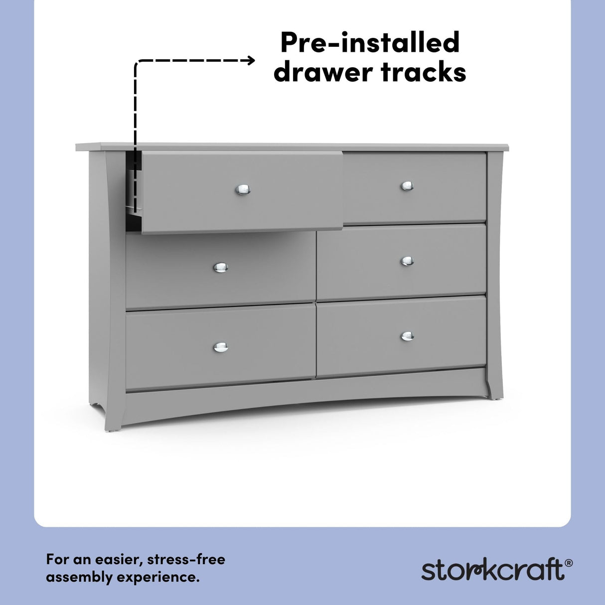 Storkcraft Crescent 6-Drawer Dresser (Pebble Gray) – GREENGUARD Gold Certified, Gray Dresser for Bedroom, Kids & Nursery Storage Chest, Safety Interlocking Drawers, Pre-Installed Tracks, Kids Chest Storkcraft