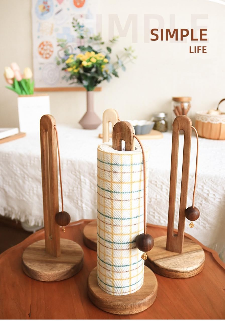 Paper Towel Holder Countertop,Wood Standing Paper Towel Roll Stand with Anti-Slip Weighted Wooden Base,Farmhouse Handmade Brown Rustic Paper Towel Holder,Boho Decor for Kitchen Bathroom