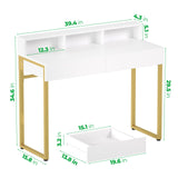GreenForest Vanity Desk with 2 Drawers, White Makeup Desk with 3 Storage Spaces, 40 inch Small Desk with Gold Metal Legs, Modern Home Office Desk for Kids, Bedroom (No Mirror) GreenForest