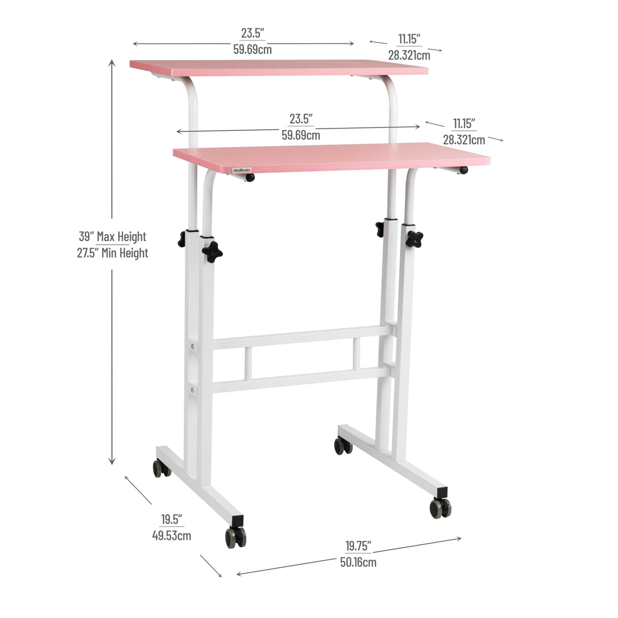 Mind Reader Standing Desk, Adjustable Height, Computer Desk, Laptop Desk, Portable, Rolling, 15" L x 22" W x 39" H, Pink Mind Reader