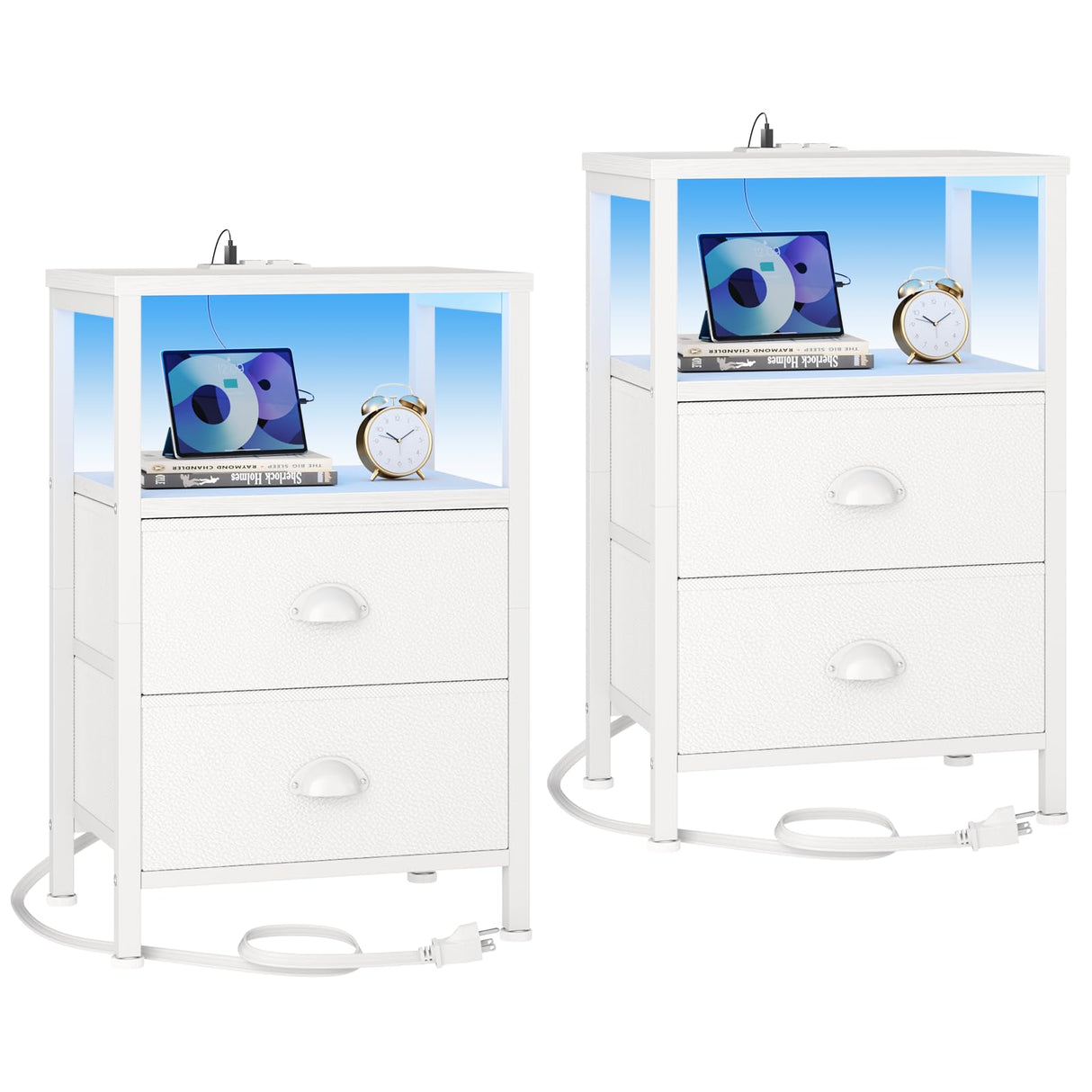 Furologee Nightstands Set of 2, End Tables Set of 2 with Charging Station and LED Lights, White Night Stands with 2 Fabric Drawers, Bedside Tables for Living Room/Bedroom Furologee