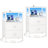 Furologee Nightstands Set of 2, End Tables Set of 2 with Charging Station and LED Lights, White Night Stands with 2 Fabric Drawers, Bedside Tables for Living Room/Bedroom Furologee
