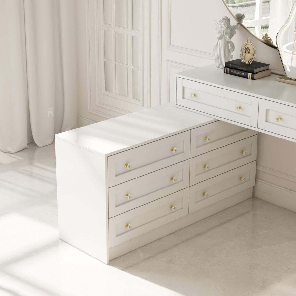 TAMUNE L-Shaped Dressing Table with 8 Drawers, Extendable Vanity Desk and Dresser Combo, Wood Vanity Dresser Makeup Desk, Wide Desktop, for Bedroom Dressing Room, White (47.8”W x 47.2”D x 31.5”H) TAMUNE