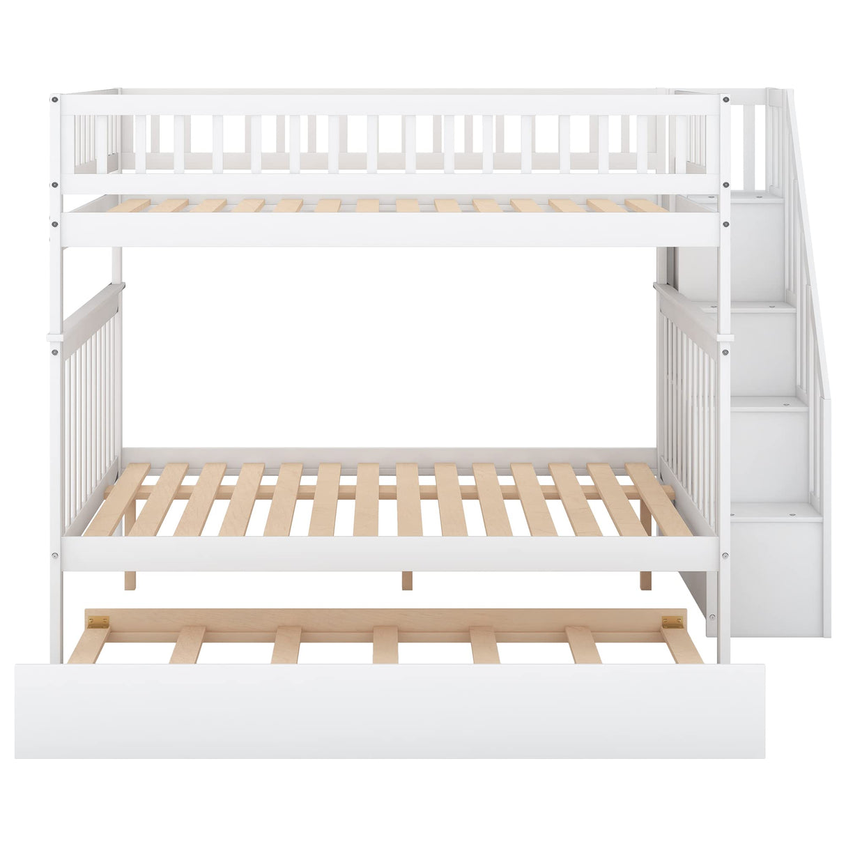 Merax Full Over Full Bunk Bed with Trundle and Stairs, 3 Beds in 1, Staircase with Storage Shelf, Solid Wood Bunk Bed for Kids Teens Guest Room, White Merax