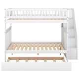 Merax Full Over Full Bunk Bed with Trundle and Stairs, 3 Beds in 1, Staircase with Storage Shelf, Solid Wood Bunk Bed for Kids Teens Guest Room, White Merax