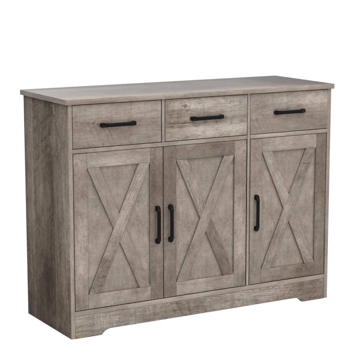 HOSTACK Modern Farmhouse Buffet Sideboard Cabinet, Barn Doors Storage Cabinet with Drawers and Shelves, Wood Coffee Bar Cabinet with Storage for Dining Room, Kitchen, Living Room, Ash Grey - WoodArtSupply