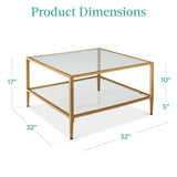Best Choice Products 32” Square Glass Coffee Table, Large 2-Tier Accent Furniture for Living Room, Bedroom w/Metal Frame, Glass Shelves - Gold Best Choice Products